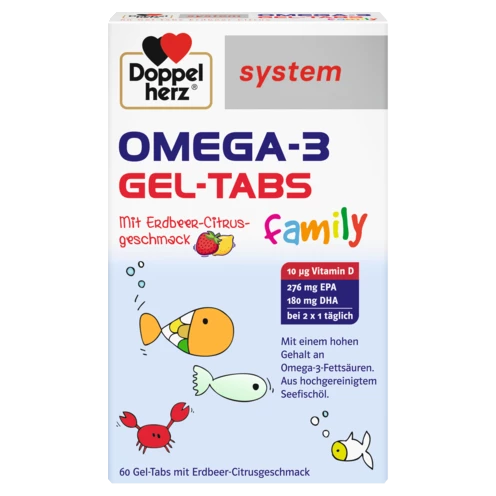 Abbildung der Produktverpackung Doppelherz system OMEGA-3 family Erdbeer Frontansicht